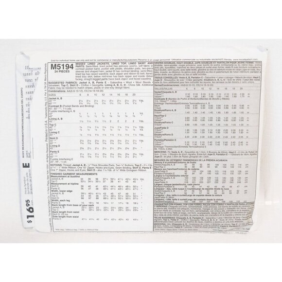 McCall's M5194 Sewing Pattern Misses Lined Jackets Top Skirt and Pant Size 14 16 - Picture 4 of 5